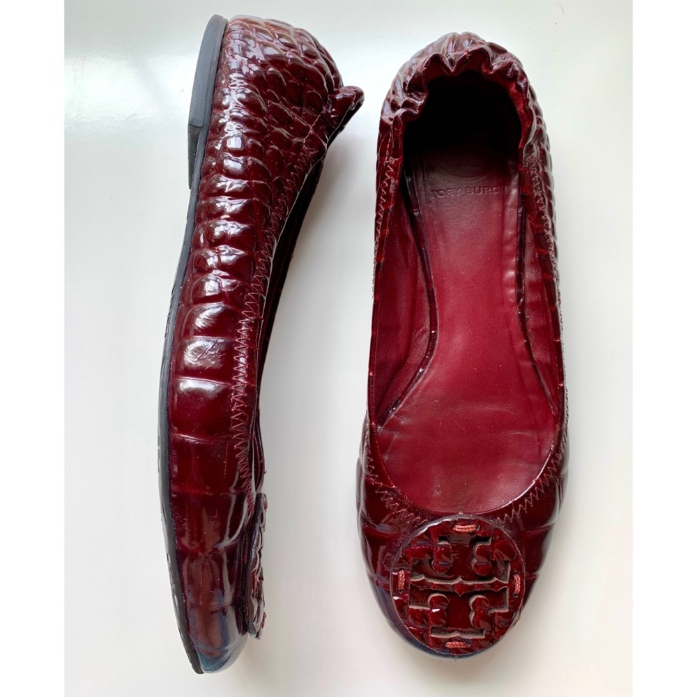 Tory Burch Reva Flats Burgundy Patent Croc